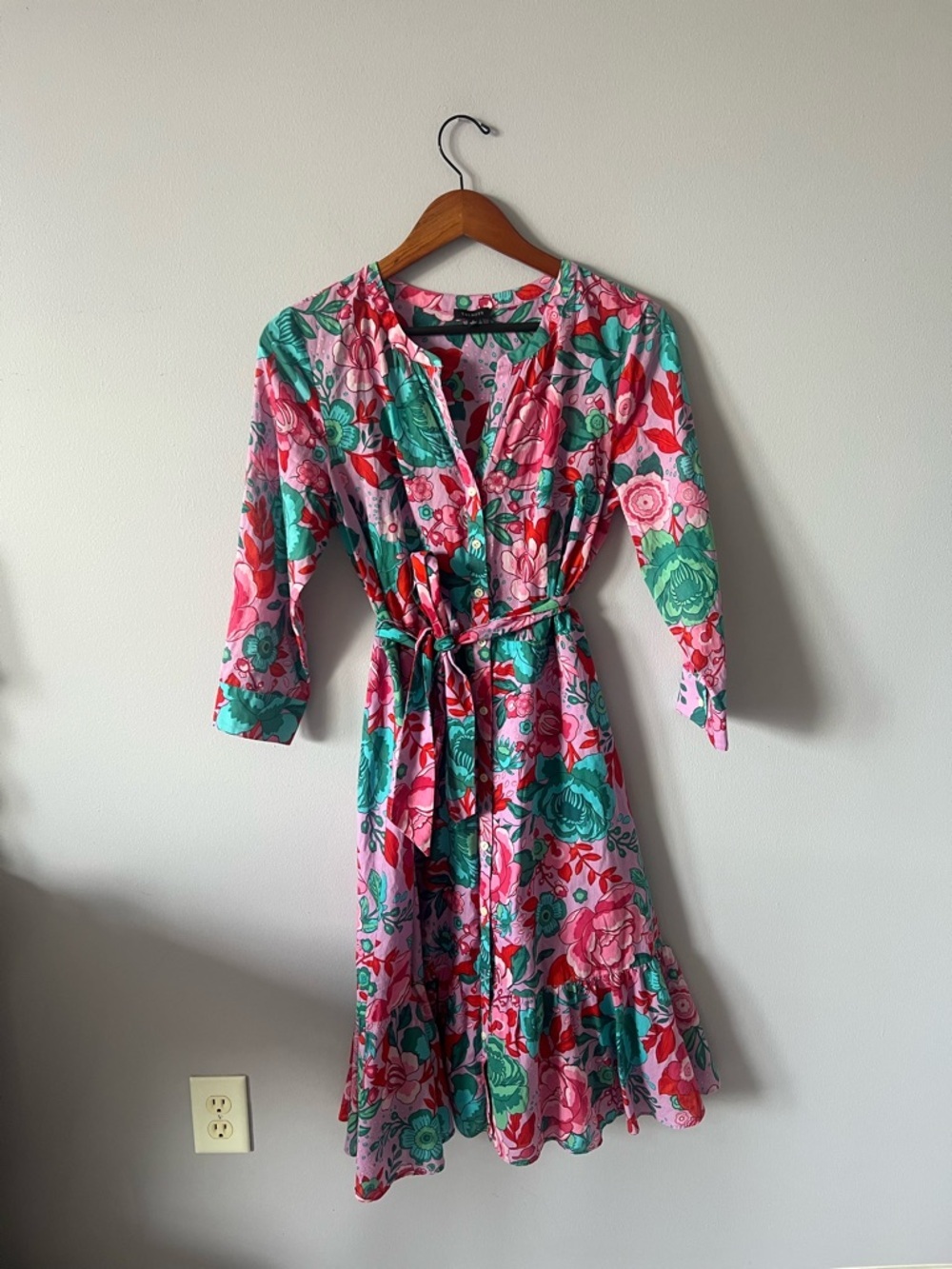 Talbots Pink & Green Floral Tie-Waist Midi Dress